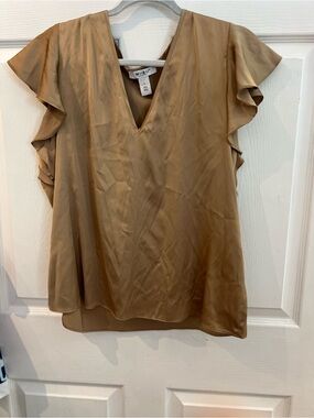 White House Black Market gold  V-Neck Flutter Sleeve Women's Top sz L